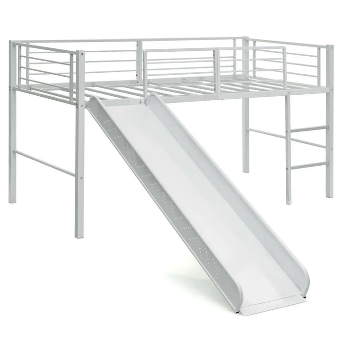 White metal loft bed with safety rails, ladder, and attached slide for kids' bedroom