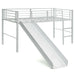 White metal loft bed with safety rails, ladder, and attached slide for kids' bedroom