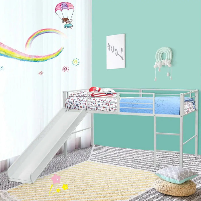 Children's room with white metal loft bed featuring slide, star bedding, pastel wall decor, and rainbow curtain