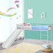 Children's room with white metal loft bed featuring slide, star bedding, pastel wall decor, and rainbow curtain