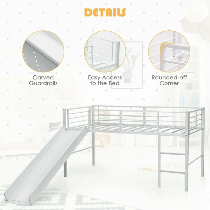 White metal loft bed with slide, carved guardrails, easy access, and rounded corners in a kids room