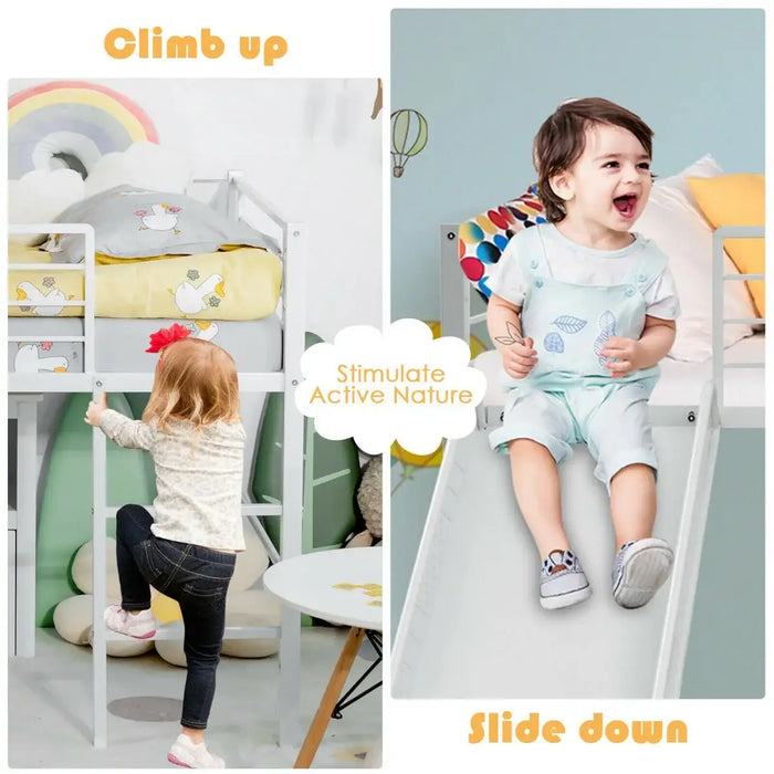 Toddler climbing white loft bed ladder and child sliding down attached slide in colorful playroom