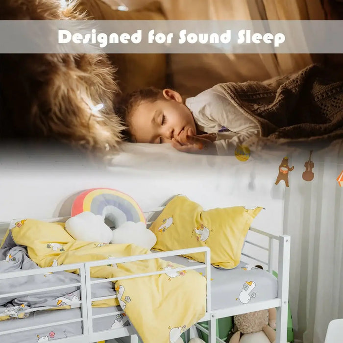 Children's bunk bed with yellow duck print bedding, rainbow pillow, and hanging toys, designed for sound sleep