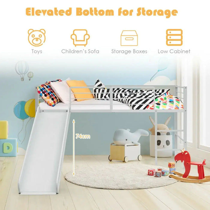 White children's loft bed with slide, colorful pillows, playful room decor, and 74cm elevated storage space