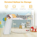 White children's loft bed with slide, colorful pillows, playful room decor, and 74cm elevated storage space