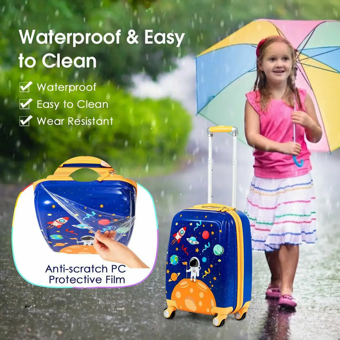 Child with a colorful suitcase and umbrella in the rain, with text about product features.