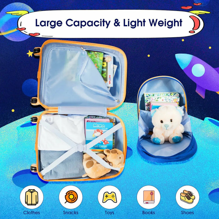 Children's suitcase with toys and books on a space-themed background