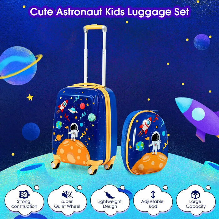 Cute astronaut kids luggage set with space-themed design on a space-themed background