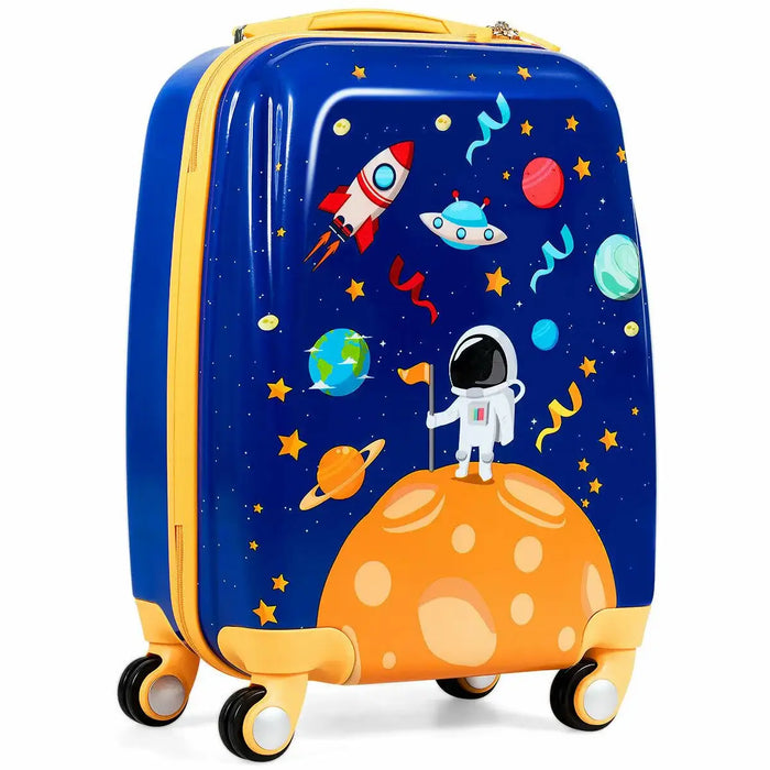 Children's suitcase with space-themed design featuring an astronaut, planets, and rockets on a blue background.