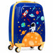 Children's suitcase with space-themed design featuring an astronaut, planets, and rockets on a blue background.