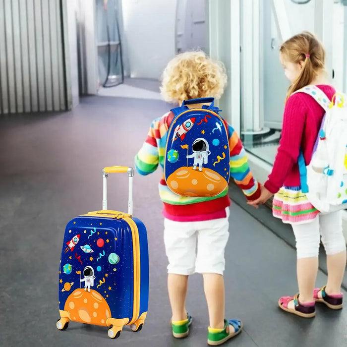 Two children with colorful backpacks and a suitcase in an airport setting.
