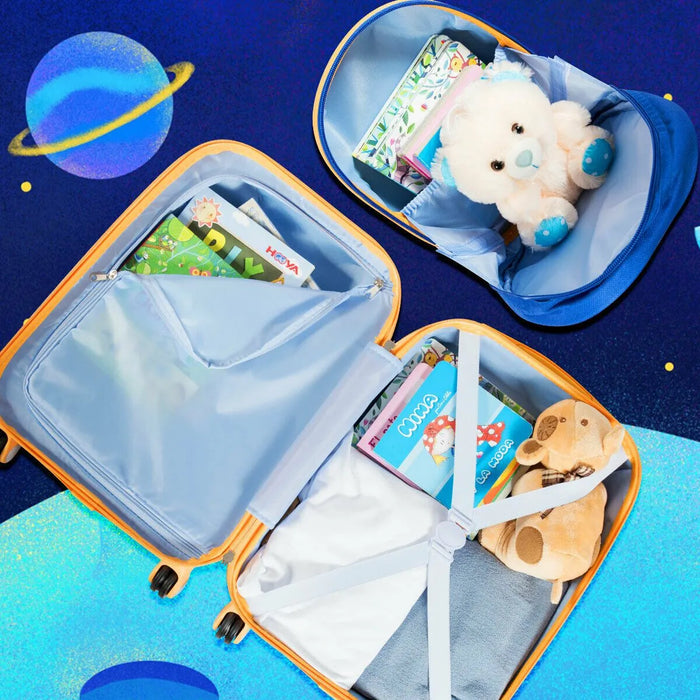 Open suitcase with toys and books on a space-themed background