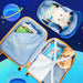 Open suitcase with toys and books on a space-themed background