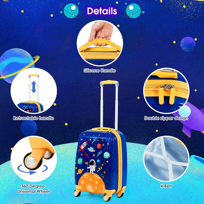 Children's suitcase with space design on a blue background with feature icons.