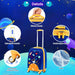 Children's suitcase with space design on a blue background with feature icons.