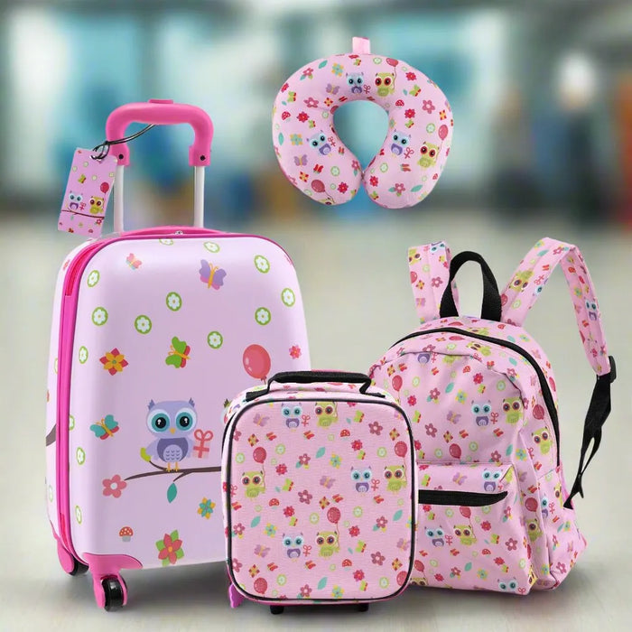 Kids Luggage Set Carry-On Suitcase Set with Backpack in Pink (5 Pieces) - Little and Giant Explorers Costway