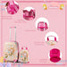 Pink children's suitcase and backpack set with mermaid design on a pink background, featuring various product details.
