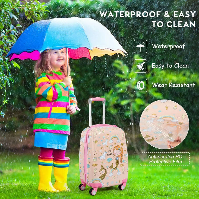 Child with colorful umbrella and suitcase in rain, highlighting waterproof and easy-to-clean features.