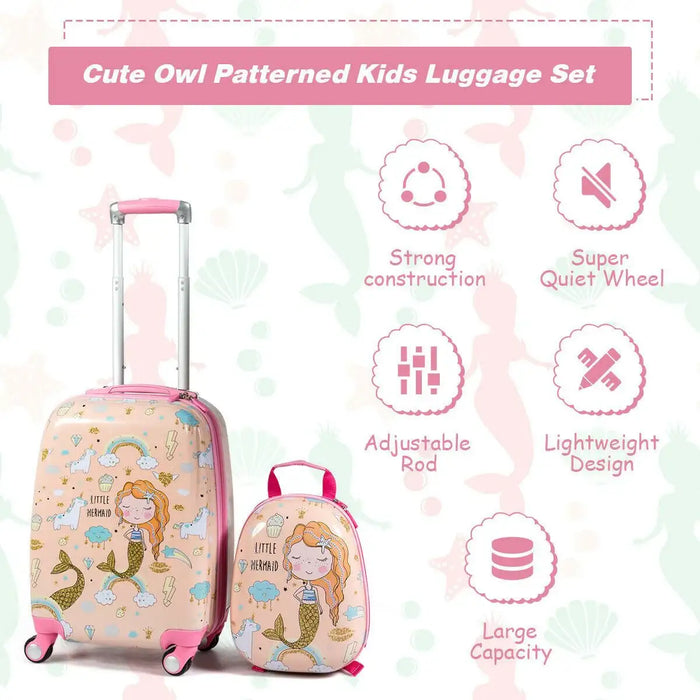 Cute owl patterned kids luggage set with mermaid design on a light pink background
