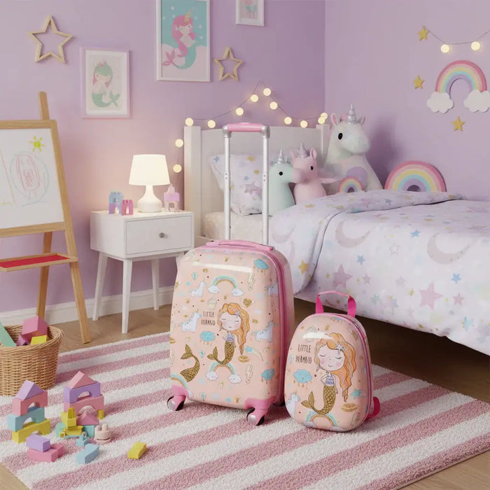 Children's room with pink suitcase and small bag featuring mermaid design on a striped rug.