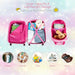 Pink suitcase with toys and clothes on a colorful background