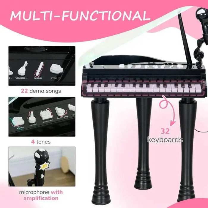 Kids black mini grand piano with 32 keys, LED lights, microphone, and demo song buttons