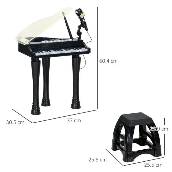 Black kids mini grand piano with 37 keys, LED lights, microphone, and matching stool, with dimensions.