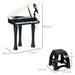 Black kids mini grand piano with 37 keys, LED lights, microphone, and matching stool, with dimensions.