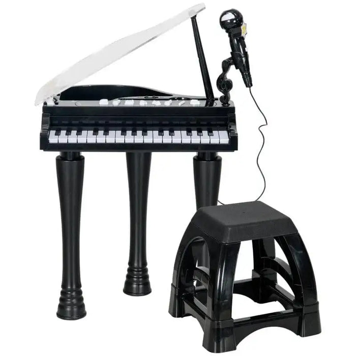 Black kids mini grand piano toy with 37 keys, LED lights, mic, and matching black stool