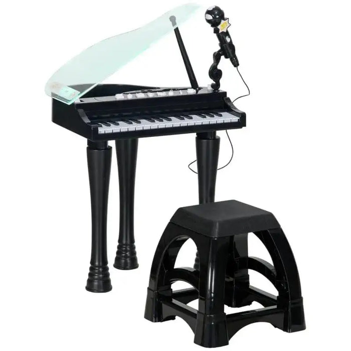 Kids mini black grand piano with 37-key electronic keyboard, microphone, and matching stool