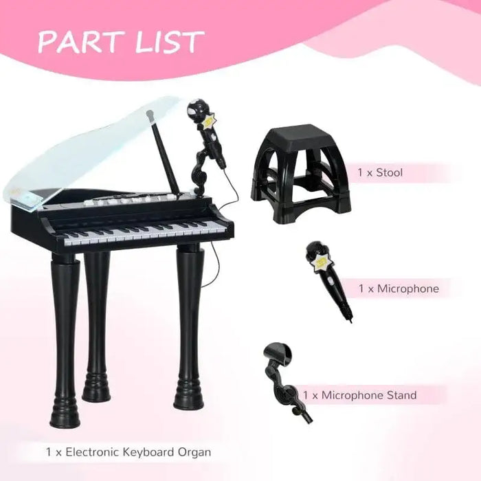 Kids mini grand piano set with 37-key electronic keyboard, stool, microphone, and stand