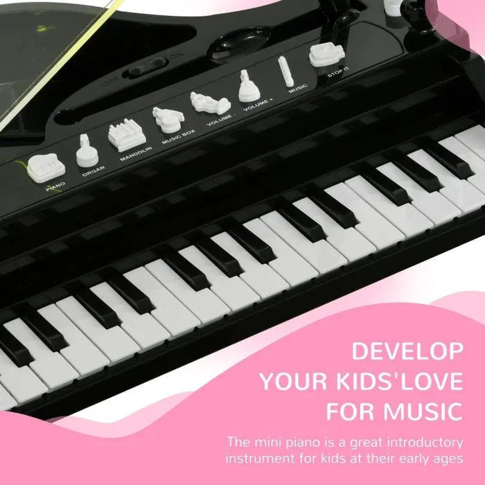 Kids black mini grand piano 37-key electronic keyboard with labeled instrument buttons