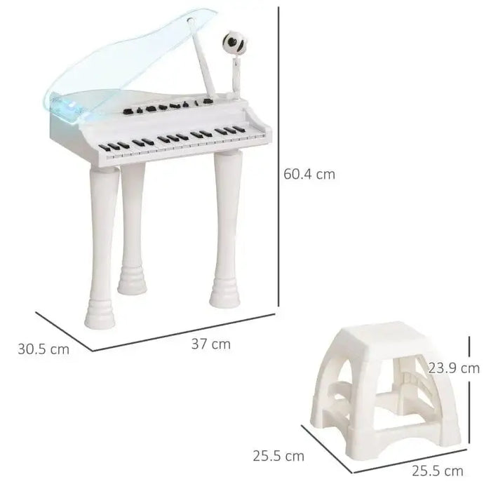 White kids mini grand piano with 37 keys, LED lights, matching stool, and size dimensions shown