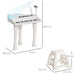 White kids mini grand piano with 37 keys, LED lights, matching stool, and size dimensions shown