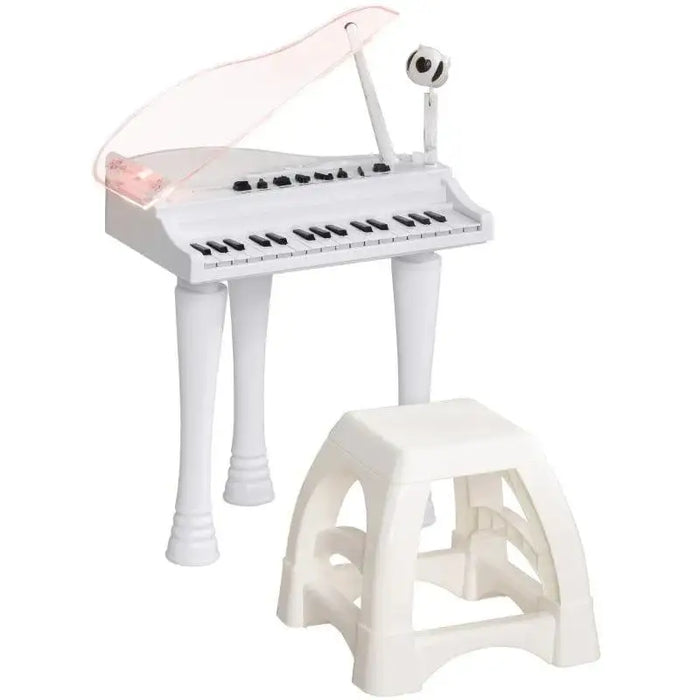 White kids mini grand piano with 37 keys, LED lights, microphone, and matching stool