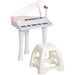 White kids mini grand piano with 37 keys, LED lights, microphone, and matching stool