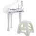 White kids mini grand piano with 37-key electronic keyboard, LED lights, and matching stool