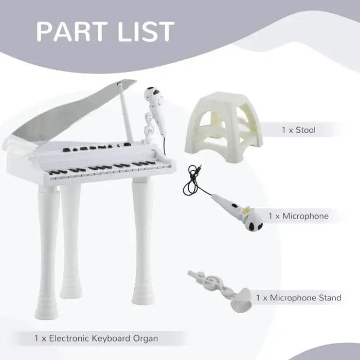 Kids white mini grand piano set with stool, microphone, LED lights, and keyboard organ parts.