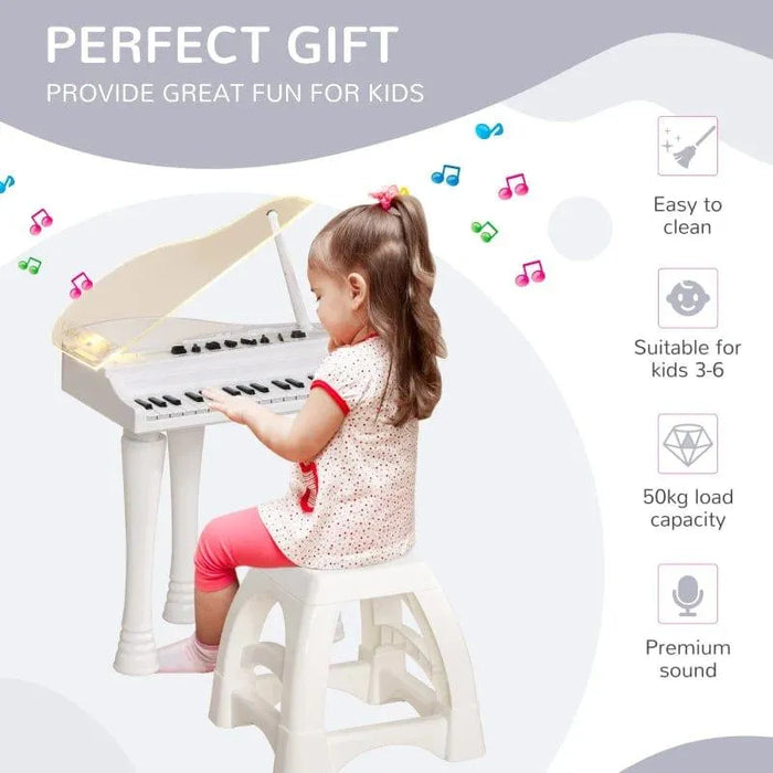 Child playing white kids mini grand piano keyboard with LED lights, suitable for ages 3-6
