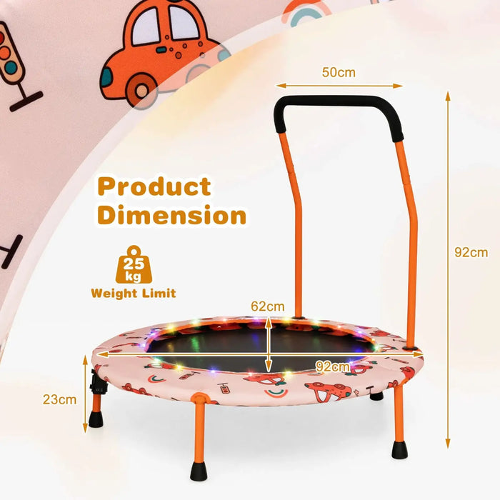 Children's trampoline with dimensions and weight limit on a colorful background