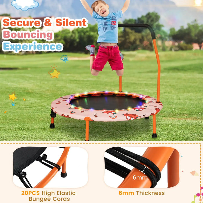 Child jumping on a trampoline with safety bars in an outdoor setting, featuring text about security and experience.