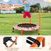 Child jumping on a trampoline with safety bars in an outdoor setting, featuring text about security and experience.