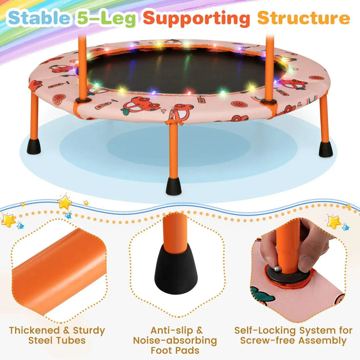 Children's trampoline with colorful lights and safety features on a white background