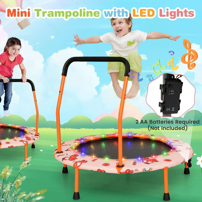 Mini trampoline with LED lights for children, featuring two kids playing on a colorful background.