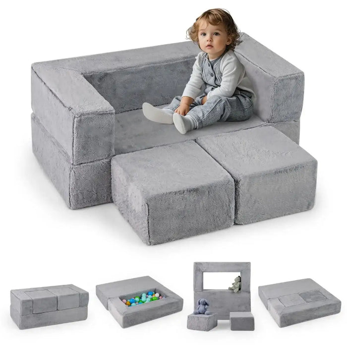 Kids Modular Sofa Play Set – Grey Convertible Sofa Bed | Foam Couch with Washable Cover COSTWAY - Little and Giant Explorers