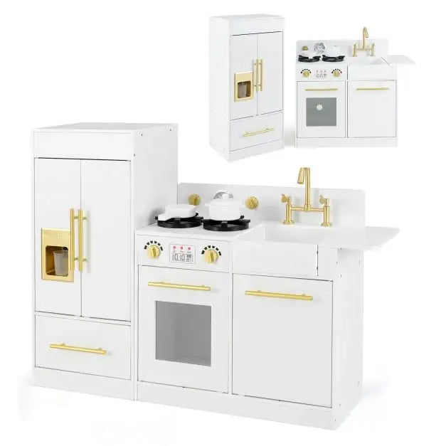 Kids Modular Wooden Kitchen Playset - White | Refrigerator, Stove and Accessories COSTWAY - Little and Giant Explorers Costway