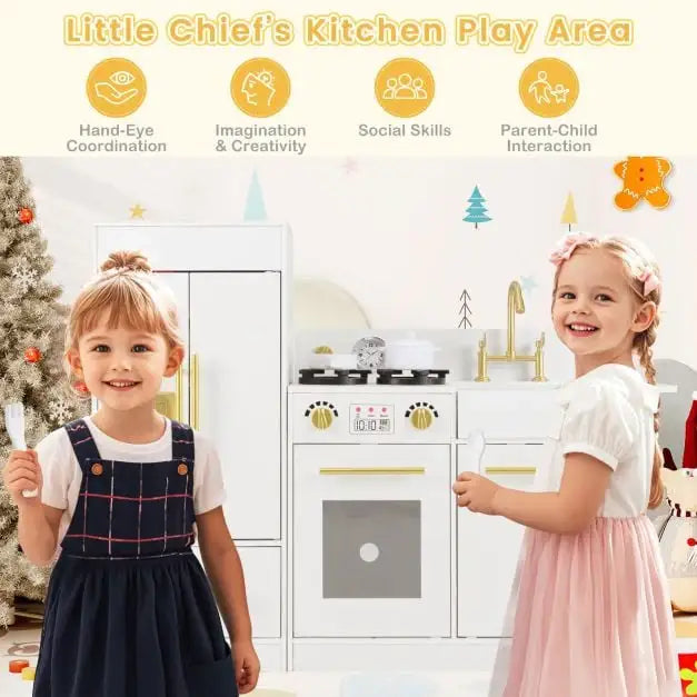 Kids Modular Wooden Kitchen Playset - White | Refrigerator, Stove and Accessories COSTWAY - Little and Giant Explorers Costway