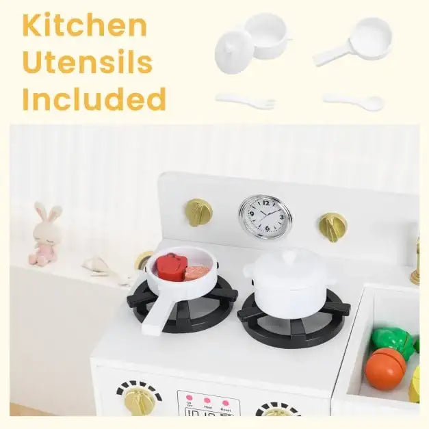 Kids Modular Wooden Kitchen Playset - White | Refrigerator, Stove and Accessories COSTWAY - Little and Giant Explorers Costway