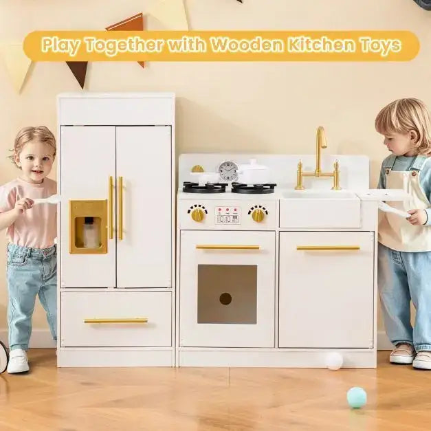 Kids Modular Wooden Kitchen Playset - White | Refrigerator, Stove and Accessories COSTWAY - Little and Giant Explorers Costway