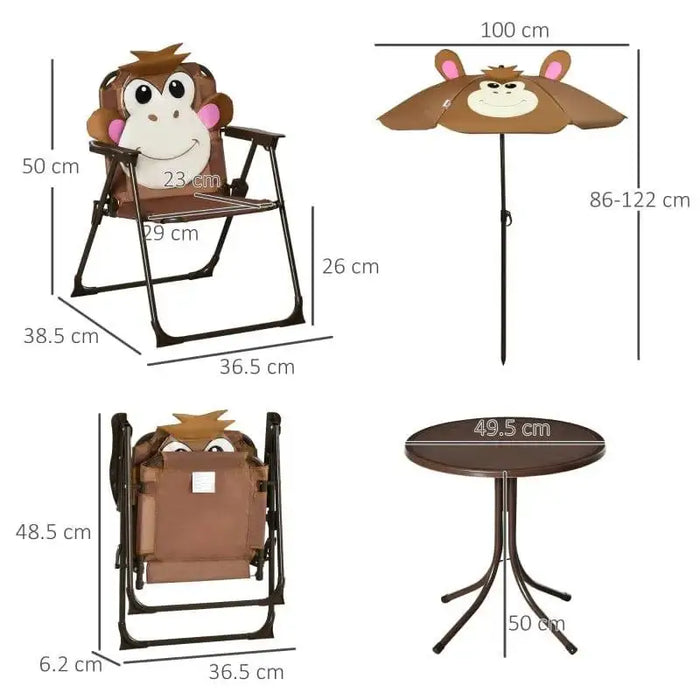 Kids monkey design garden set with foldable chair, adjustable umbrella, and round table